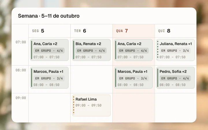 Semana da agenda do eClin com aulas de Pilates e a ocupação de cada uma, mostrando onde há vaga.