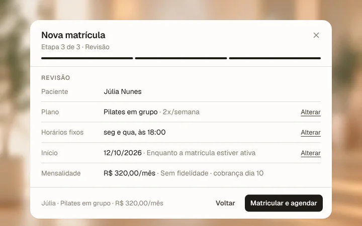 Revisão da matrícula no eClin com plano mensal de duas vezes por semana, horários fixos, mensalidade sem fidelidade e dia de cobrança, antes de Matricular e agendar.